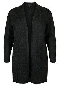 Dunkelgrauer Cardigan aus weichem Material, mit offenem Vorderteil, zwei vorderen Taschen und gerippten Bündchen. Einfaches, ungeschmücktes Design.