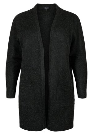 Cardigan grigio scuro realizzato in materiale morbido, con apertura frontale, due tasche anteriori e polsini a coste. Design semplice e senza fronzoli.