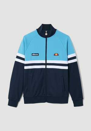 Ritjack in lichtblauw en marineblauw, met witte en zwarte strepen. Gemaakt van zacht materiaal met twee zijzakken en een logo-label.