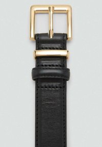 Black leather belt with a metallic gold square buckle, featuring stitched edges and a smooth texture. Buckle attached with a loop.