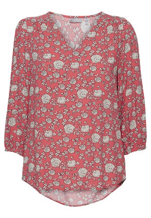 Bloes met bloemenpatroon in koraalkleur met een V-hals. Voorzien van 3/4 mouwen en een gebogen zoom. Design bevat witte en zwarte bloemenpatronen. Lichtgewicht stof.