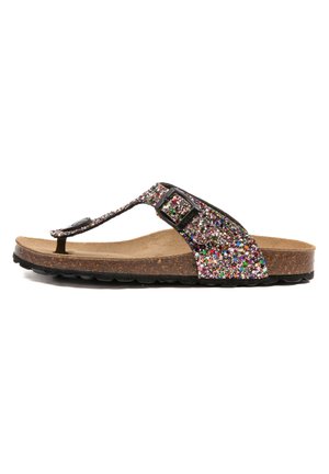 Sandale en plastique pailleté avec une boucle noire, semelle en liège et semelle en caoutchouc texturé, arborant un mélange de sequins colorés sur la bride.