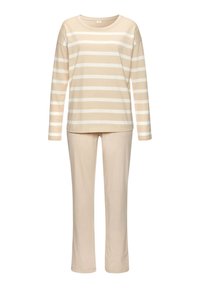 Long-sleeve striped pajama set in beige and cream, featuring a round neckline and straight-leg pants. Soft, lightweight cotton fabric.