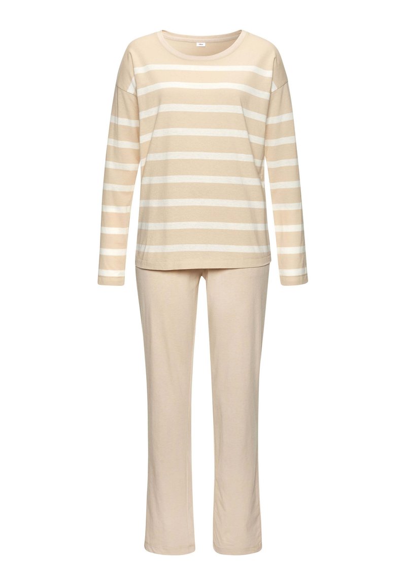 Long-sleeve striped pajama set in beige and cream, featuring a round neckline and straight-leg pants. Soft, lightweight cotton fabric.
