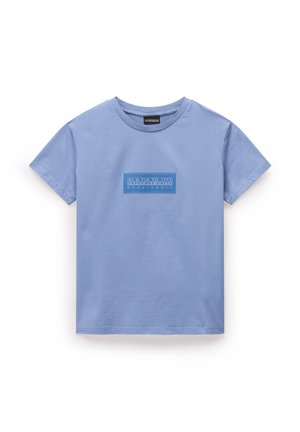 Blue cotton t-shirt with short sleeves, round neckline, and a textured rectangular logo patch on the front.