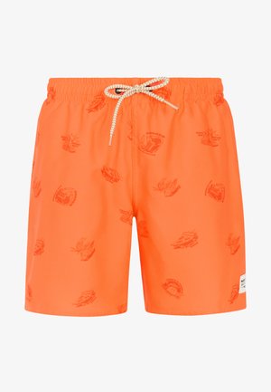 Pantalones cortos de baño de color naranja brillante con cintura elástica, cordón blanco y gráficos impresos sutiles que incluyen tiburones y elementos tropicales.