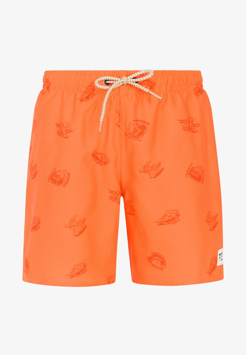 Shorts de bain orange vif avec une ceinture élastique, un cordon blanc et des motifs imprimés subtils comprenant des requins et des éléments tropicaux.
