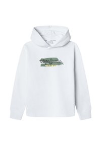 Bijela dukserica s kapuljačom s prednjim grafikonom u zelenoj i žutoj boji, na kojem je tekst "Pepe Jeans London." Izrađena od meke pamučne mješavine.