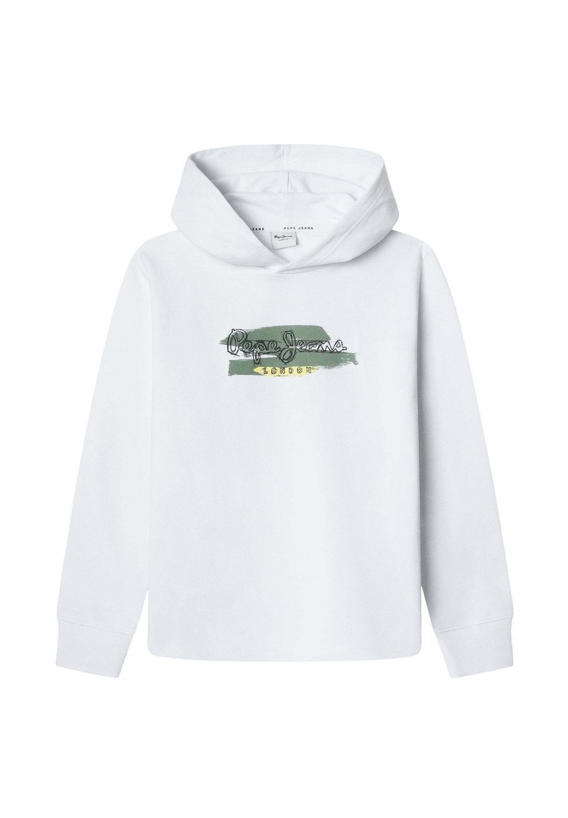 Bijela dukserica s kapuljačom s prednjim grafikonom u zelenoj i žutoj boji, na kojem je tekst "Pepe Jeans London." Izrađena od meke pamučne mješavine.