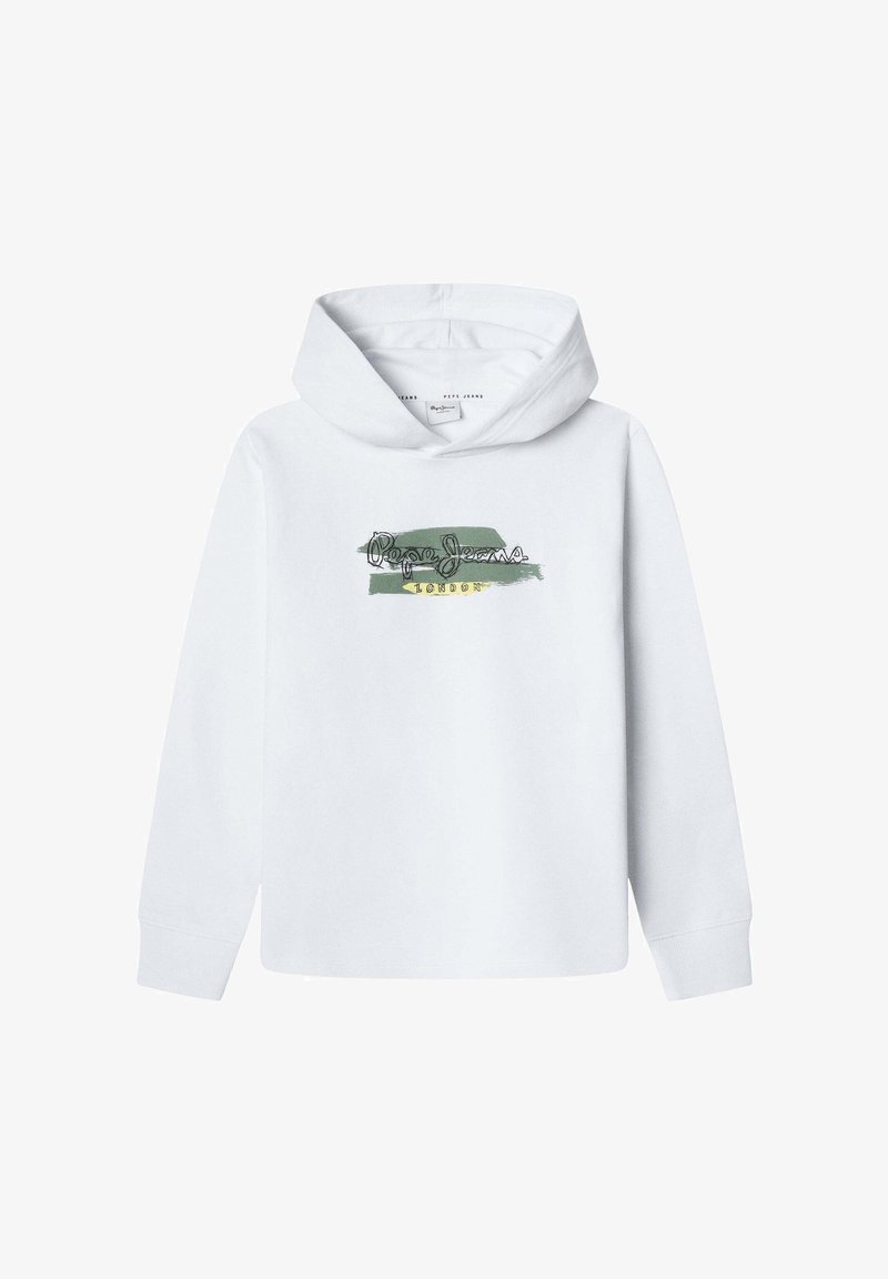 Weißer Hoodie mit einemFrontgrafik in Grün und Gelb, die den Text "Pepe Jeans London" zeigt. Hergestellt aus weichem Baumwoll-Mischgewebe.