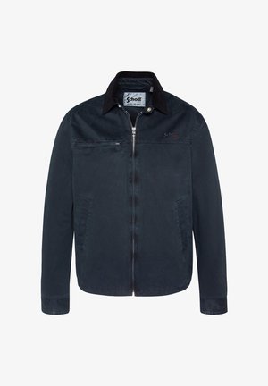 Dunkelblaue Baumwolljacke mit Reißverschluss vorne, kontrastierendem schwarzen Kragen, zwei seitlichen Taschen und einer Brusttasche mit Reißverschluss. Mit dezentem Branding.