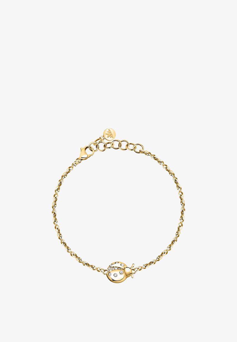 Braccialetto in oro con un ciondolo a forma di coccinella decorato con strass trasparenti, superficie lucida e chiusura a moschettone.