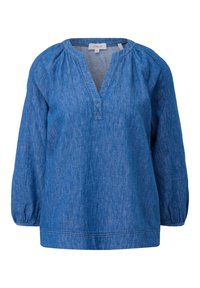 Haut en denim bleu avec un décolleté en V, des coutures froncées aux épaules et des manches longues. Présente une coupe décontractée et une texture subtile.