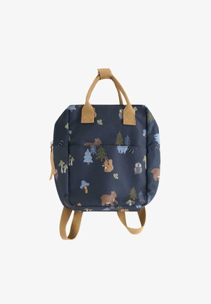 Marineblaue Rucksack mit Tier- und Baum-Mustern, ausgestattet mit hellbraunen Riemen und Griffen, aus strapazierfähigem Stoff mit einer glatten Textur.