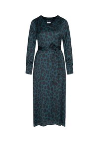 Langärmliges türkisfarbenes Kleid mit schwarzen Leopardenflecken. Es verfügt über einen V-Ausschnitt und einen passenden Bindegürtel in der Taille, aus glattem Stoff gefertigt.