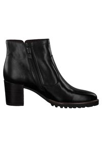Bottine en cuir noir avec fermeture éclair sur le côté, talon carré et semelle robuste, conçue pour la mode et le confort des femmes.