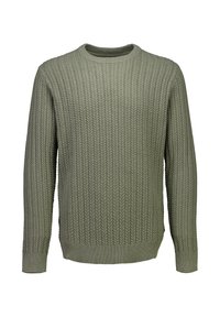 Pull en maille tricoté de couleur vert olive, avec une texture côtelée, un col rond classique et des manches longues.