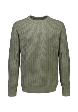 Gebreide trui in olijfgroen, met een geribbelde structuur, een klassieke ronde hals en lange mouwen.