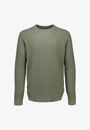 Gebreide trui in olijfgroen, met een geribbelde structuur, een klassieke ronde hals en lange mouwen.
