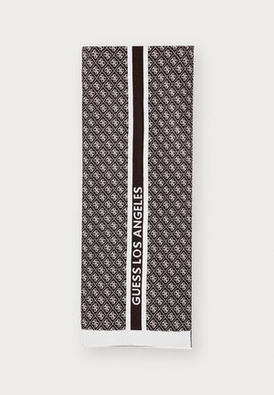 Strandhåndkle i svart og hvitt med et mønster som har et gjentakende logo-design og en sentral stripe med teksten "GUESS LOS ANGELES". Myk tekstur.