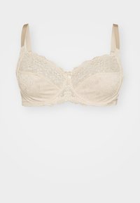 Beige kanten bh met bloemenpatroon, met beugelsteun, verstelbare satijnen bandjes en een klein strikdetail in het midden. Zacht, gestructureerd materiaal.