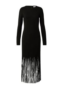 Schwarzes langärmliges Kleid aus einem strukturierten Material, mit einem fransigen Saum. Das Design ist figurbetont mit einem runden Halsausschnitt und einem Reißverschluss hinten.