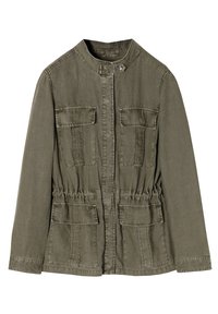 Olivgrön, lätt jacka med rak skärning, resår i midjan, två bröstfickor och tryckknappstängning. Mjukt, texturerat tyg.