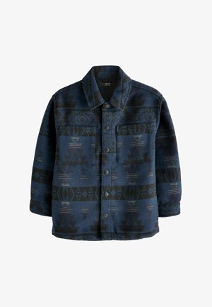 Blaue und schwarze gemusterte Jacke mit einer Knopfleiste, spitzem Kragen, zwei Fronttaschen und lockerer Passform. Der Stoff hat eine strukturierte Haptik.