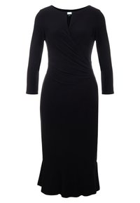 Czarna sukienka o kroju kopertowym, z długimi rękawami, dekoltem w kształcie litery V i rozkloszowanym dołem. Wykonana z miękkiej tkaniny o gładkiej teksturze.