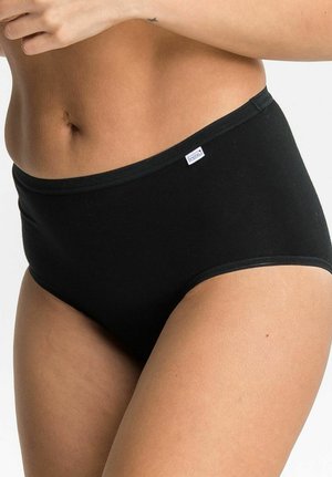Schwarze, hochgeschnittene Panty aus weichem, dehnbarem Stoff. Mit einem glatten Bündchen und minimalen Nähten für hohen Tragekomfort. Kleine Markenlabel sichtbar.