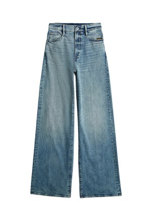 Lichtblauwe denim brede pijpen spijkerbroek met hoge taille, knoopsluiting aan de voorkant, ritssluiting en voor- en achterzakken.