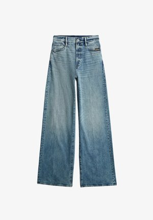 Lichtblauwe denim brede pijpen spijkerbroek met hoge taille, knoopsluiting aan de voorkant, ritssluiting en voor- en achterzakken.