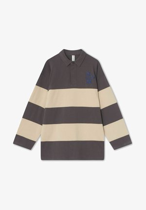 Tumehallide ja beežide triipudega pikkade varrukatega polo särk, millel on klassikaline krae ja sinine tikand rinnal.