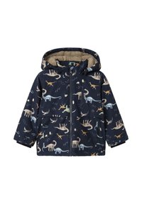 Jachetă bleumarin cu un model de dinozauri în diverse culori, cu glugă căptușită cu blăniță și buzunare frontale. Include închidere cu fermoar.