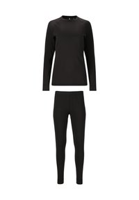 Sort langærmet top med rund hals og tætsiddende sorte leggings. Begge dele lavet af glat, strækbart stof uden synlige mønstre eller hardware.