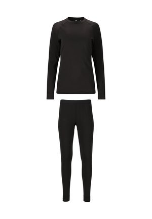 Schwarz langärmliges Oberteil mit Rundhalsausschnitt und figurbetonten schwarzen Leggings. Beide aus glattem, elastischem Material gefertigt, ohne sichtbare Muster oder Beschläge.