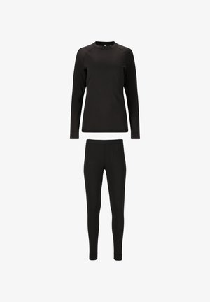 Schwarz langärmliges Oberteil mit Rundhalsausschnitt und figurbetonten schwarzen Leggings. Beide aus glattem, elastischem Material gefertigt, ohne sichtbare Muster oder Beschläge.