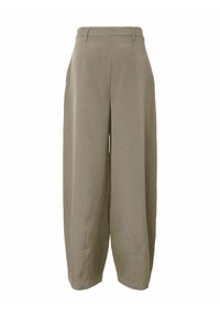 Laiade püksid pehmest, matt khaki kangast teravate voltidega, küljetaskute ja siledalt istuva vöökohaga. Lihtne ja puhas disain.