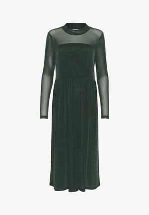 Langärmliges, bodenlanges Kleid in Dunkelgrün, mit einem transparenten Oberteil und einem plissierten Rock, Rundhalsausschnitt und subtiler Schimmer.