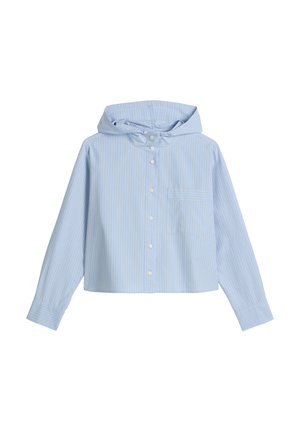Gekürzte Button-Up-Hemd mit Kapuze, in hellblauen und weißen vertikalen Streifen, mit einer Brusttasche und langen Ärmeln mit geknöpften Manschetten.