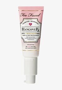 Too Faced HangoverRx Replenishing Face Primer in a pink tube with gold accents. Features a pump dispenser. Silicone-free, contains coconut water.