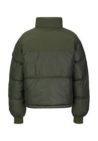 Gevoerde bomberjack in donkergroen met hoge kraag. Heeft een blokkleur ontwerp, elastische manchetten en een cropped silhouet.