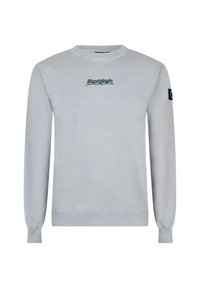 Hellgrauer Pullover mit gerippten Bündchen und Saum, mit einem grünen "Rxoriginals"-Logo auf der Brust und einem schwarzen Etikett am Ärmel.