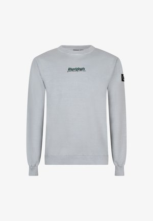 Lys grå sweatshirt med ribbede manchetter og kant, der har et grønt "Rxoriginals" logo på brystet og et sort mærke på ærmet.