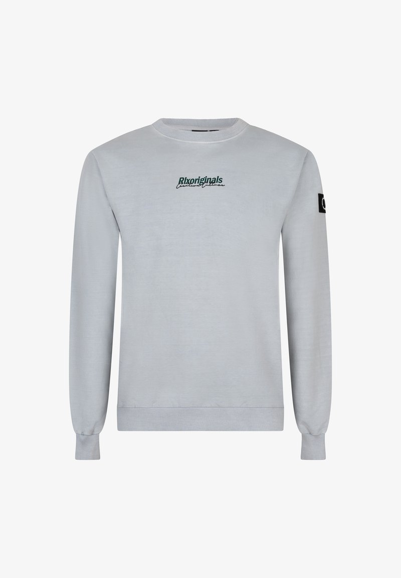 Jasnoszara bluza z ribbowanymi mankietami i dołem, z zielonym logo "Rxoriginals" na piersi oraz czarną etykietą na rękawie.