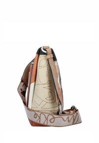 Borsa in pelle multicolore con chiusura a zip, tracolla regolabile e dettagli testurizzati con pattern astratti e colori a contrasto.
