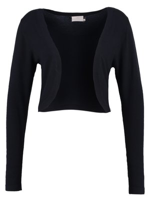 Black cropped cardigan with long sleeves, open front design, soft knit texture, and a clean, minimalist shape. No fastenings or patterns.