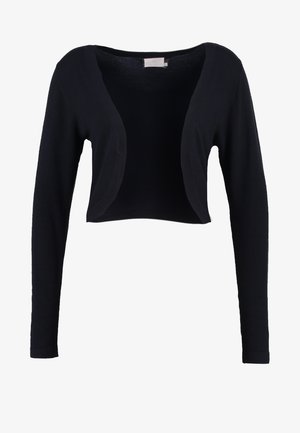 Schwarze, kurz geschnittene Strickjacke mit langen Ärmeln, offenem Design, weichem Stricktextur und klarer, minimalistischer Form. Ohne Verschlüsse oder Muster.