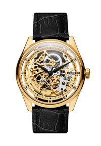 Skeletoruhr med et gullfarget rustfritt stålkasse, svart krokodillemønster lærrem, transparent klokke som avslører intrikate mekanismer.