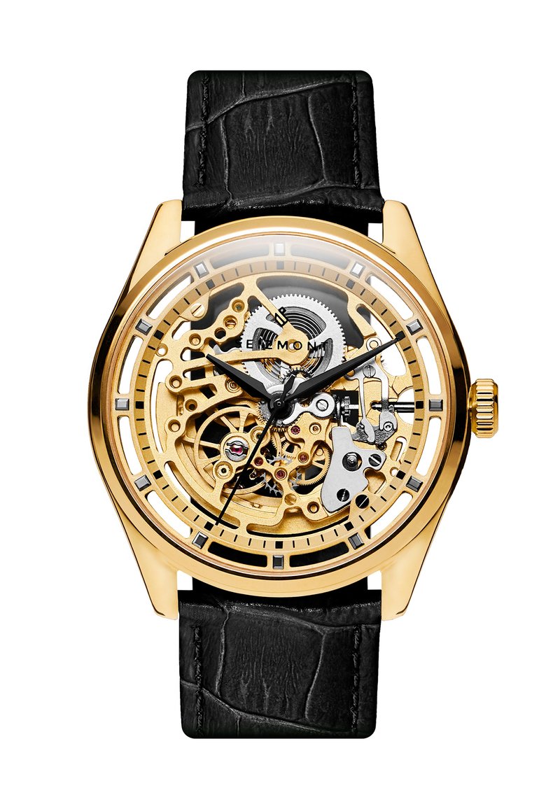 Skeletoruhr med et gullfarget rustfritt stålkasse, svart krokodillemønster lærrem, transparent klokke som avslører intrikate mekanismer.